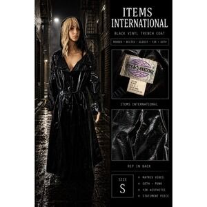 VTG 90s Items International Black Vinyl Trench Coat Hooded Belted Raincoat S